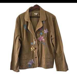 J Jill Tan Brown Floral Embroidered Blazer Jacket Cotton Womens Size XL